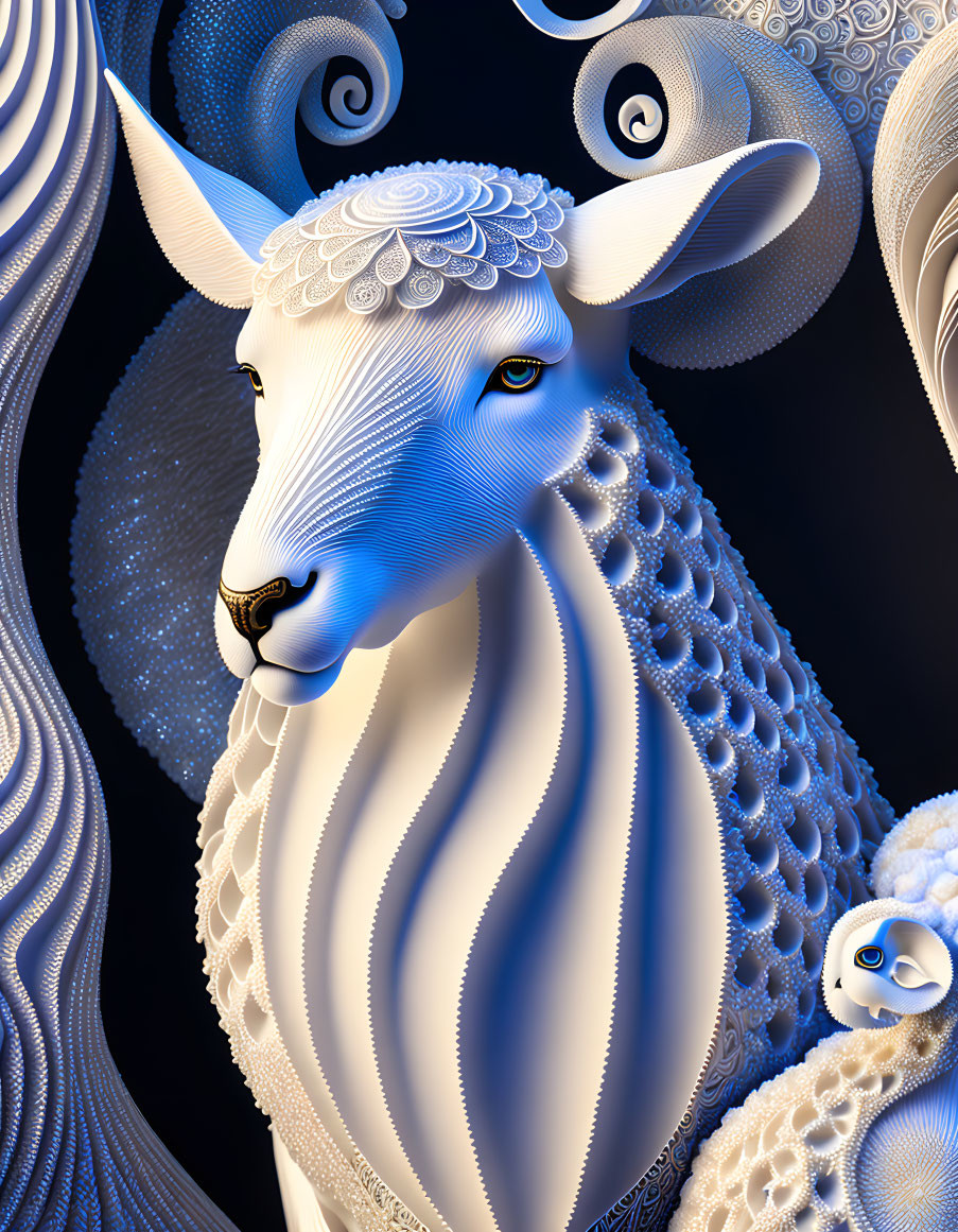 Stylized digital artwork of intricate sheep patterns on dark background