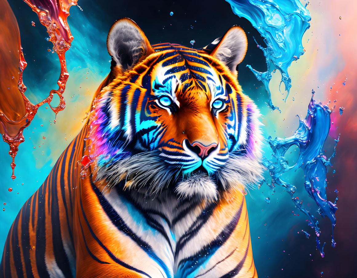 Colorful Digital Artwork: Tiger with Neon Paint Splashes