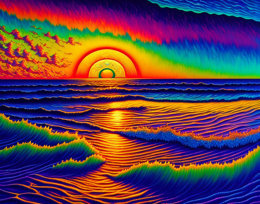 Colorful Psychedelic Ocean Landscape with Multicolored Sky