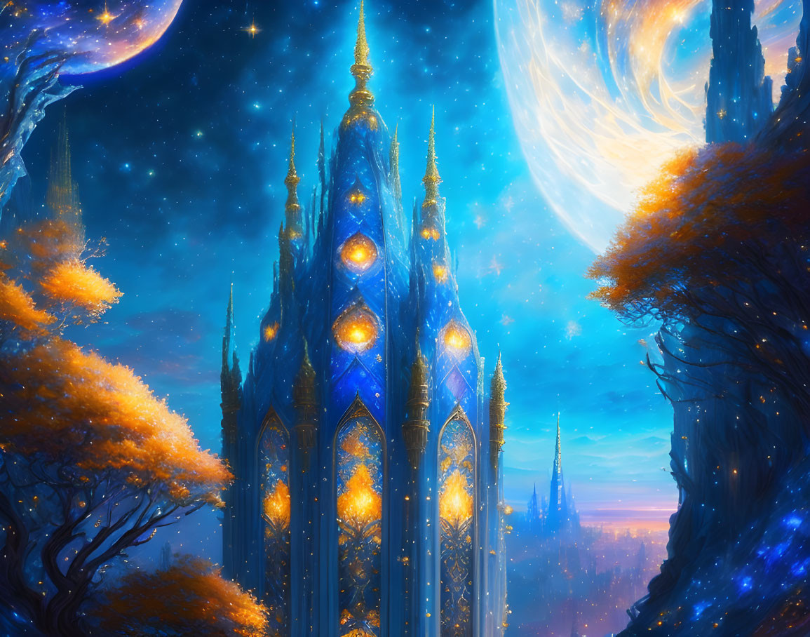 Luminous castle with spires in surreal landscape under starry sky