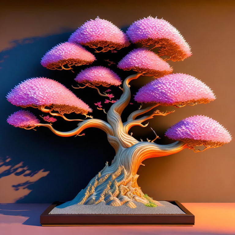 Stylized digital illustration of twisted trunk bonsai with purple foliage