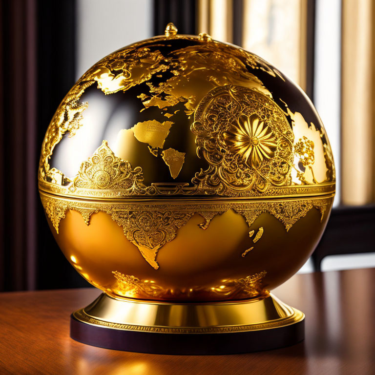 Golden Globe with Intricate Patterns Reflecting Light on Polished Base