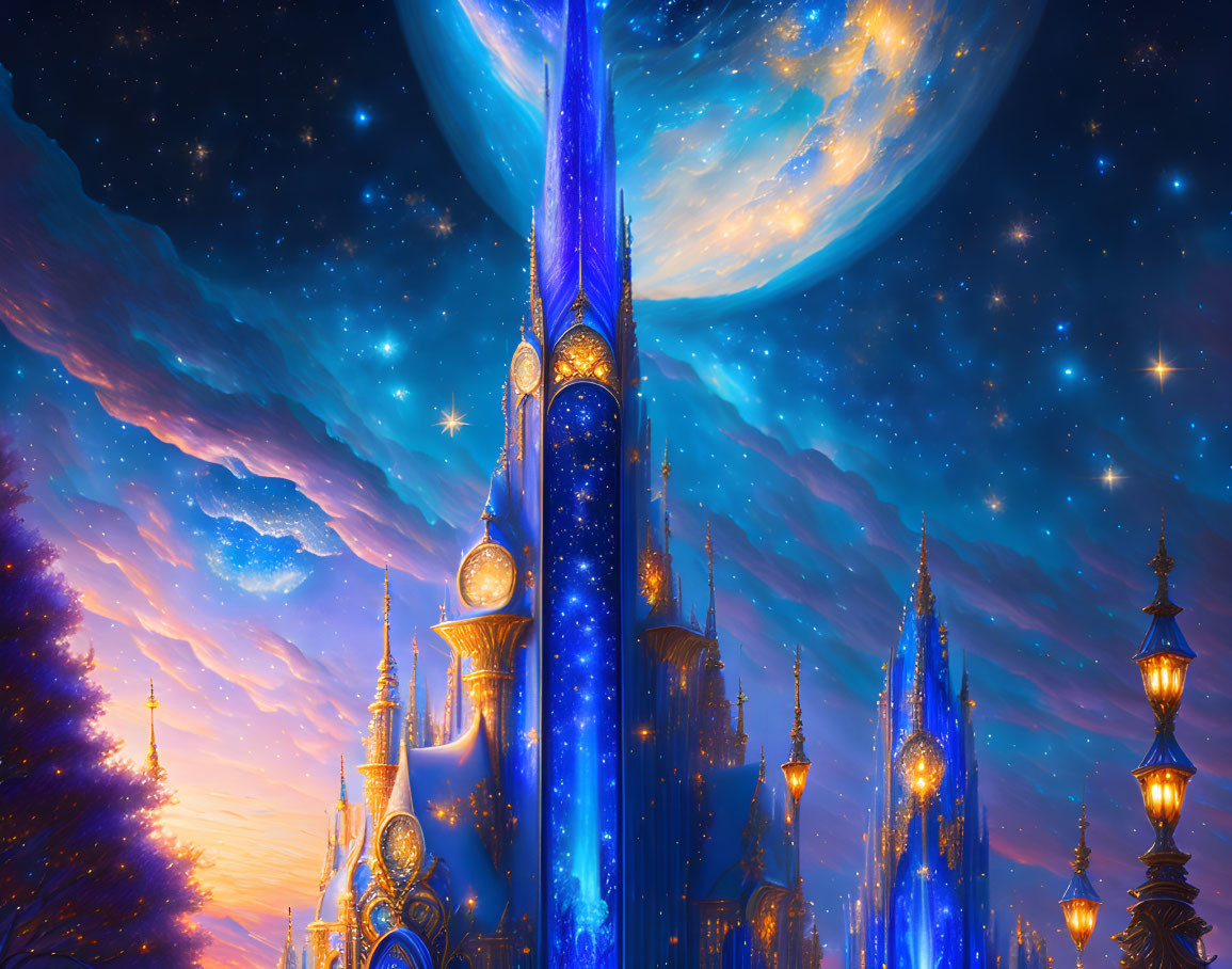 Fantastical castle with glowing blue spires under starry sky and large planet.