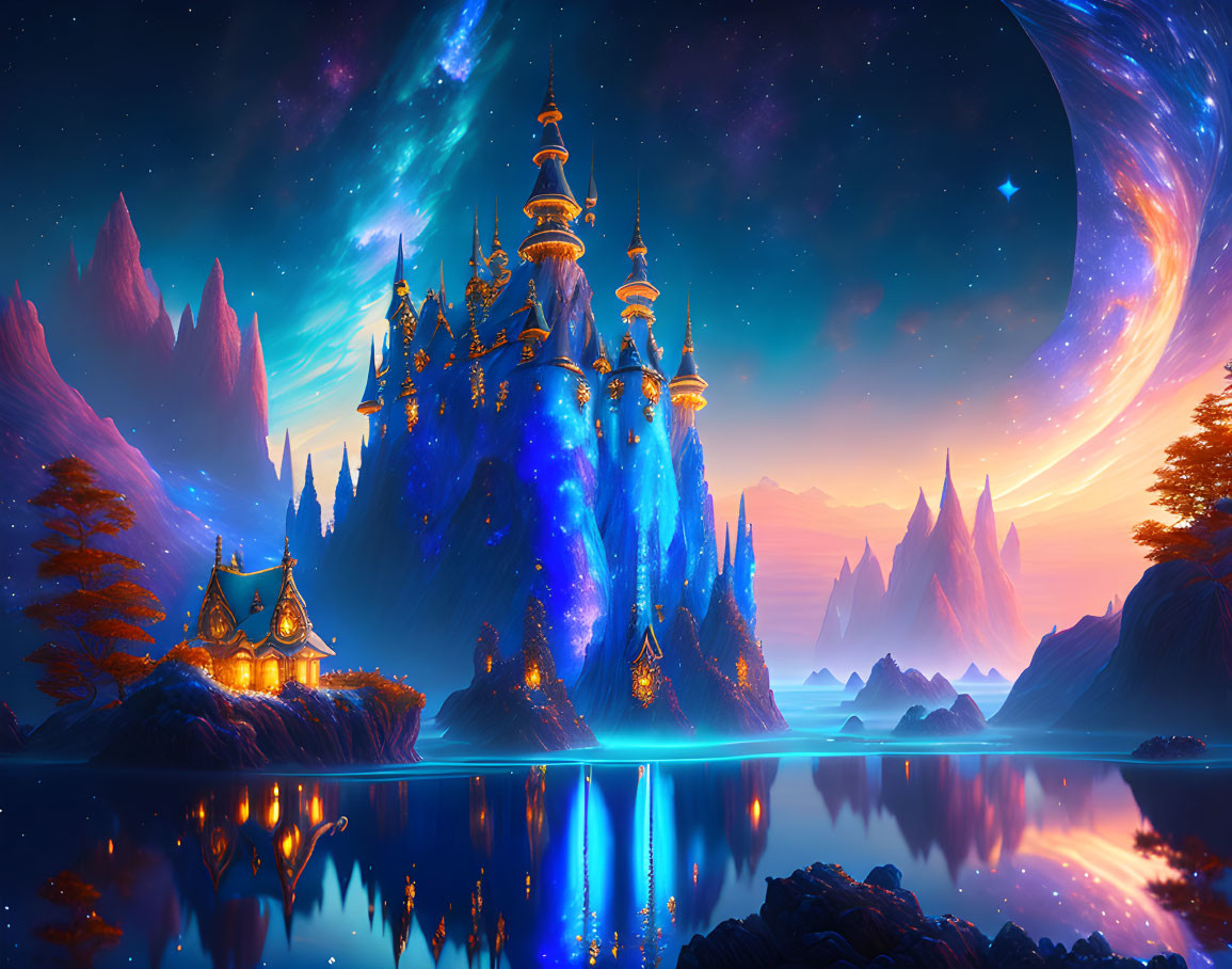 Fantastical castle with glowing spires against galaxy backdrop