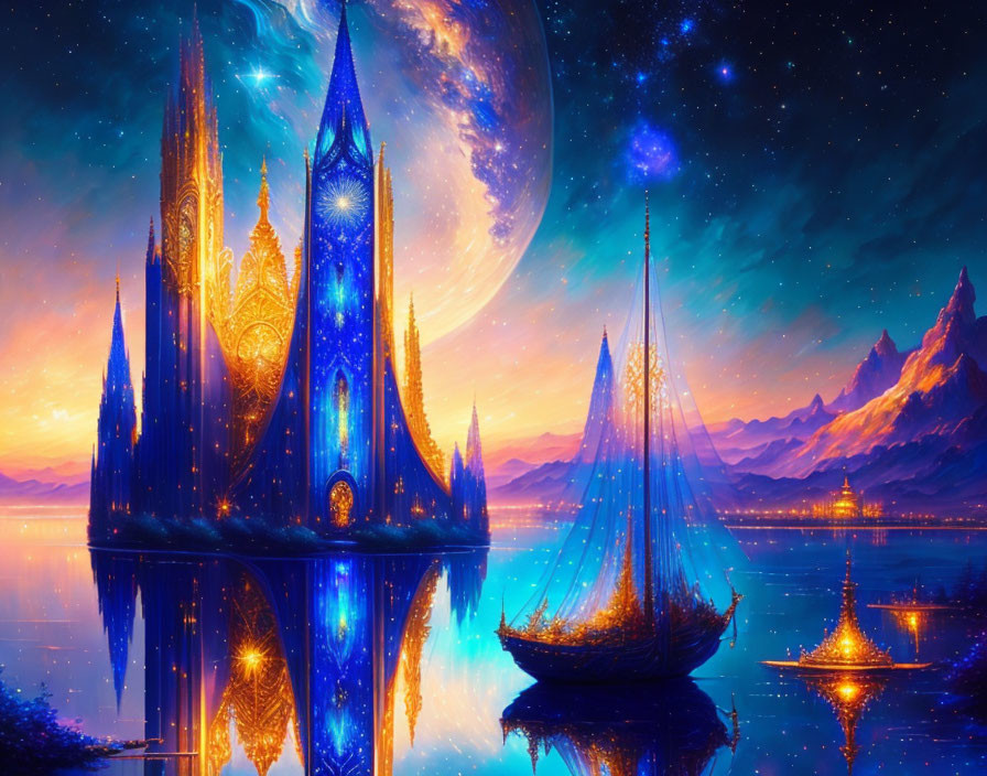 Fantastical landscape with luminous buildings, boats, moon, stars, and water reflection.