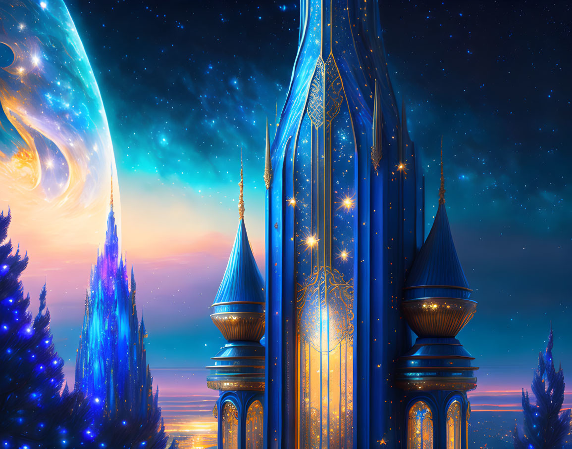 Fantasy castle with spires under starry night sky and swirling galaxy