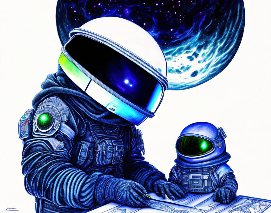 Two astronauts with different-sized helmets studying a map against a cosmic background.