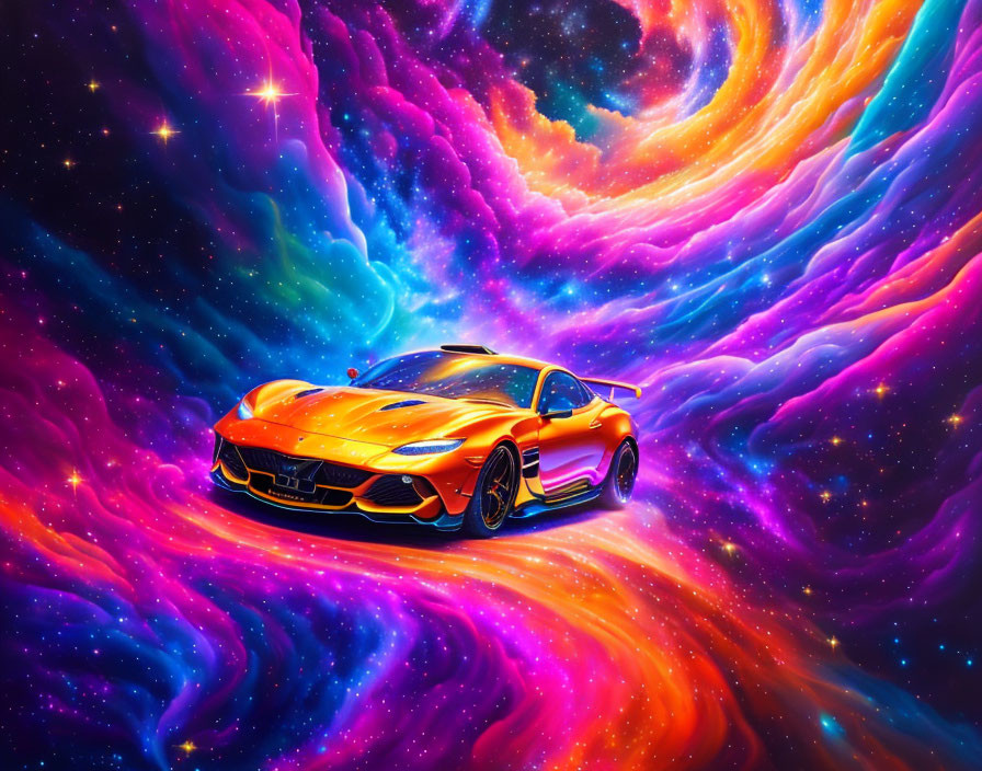 Vibrant Orange Sports Car in Cosmic Setting