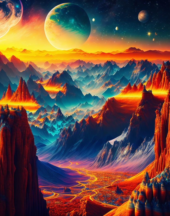 Fantastical landscape artwork with orange and red hues