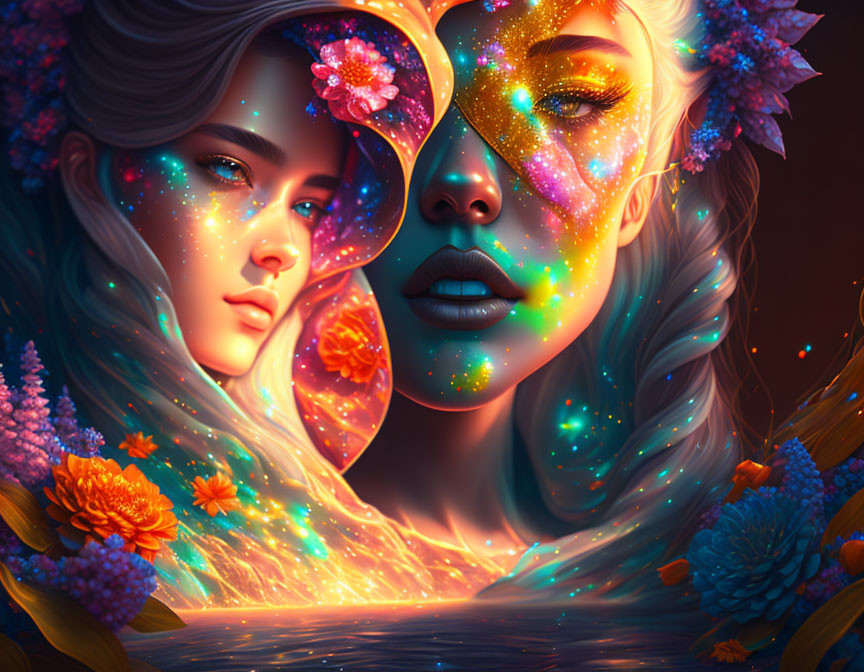 Digital artwork featuring two women's faces with cosmic and natural tones and floral elements.