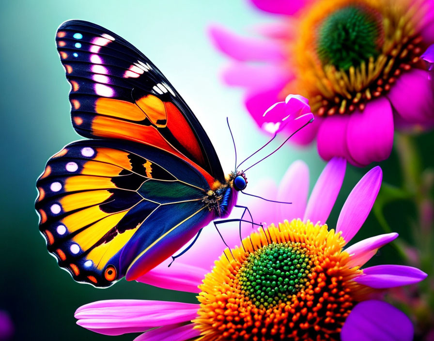 Colorful Butterfly Resting on Pink Flower with Green Background