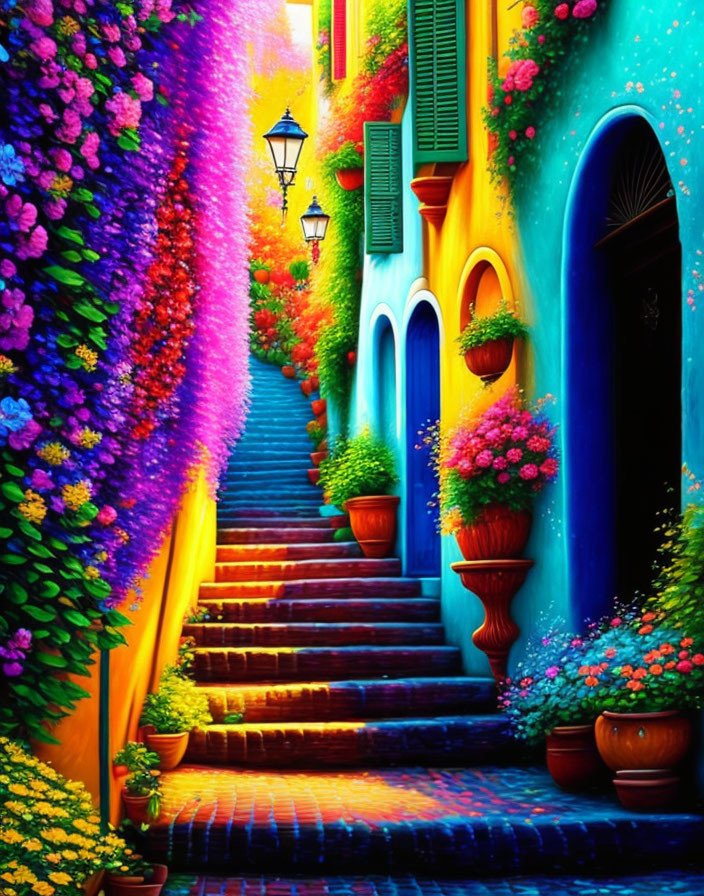 Colorful Alley Painting with Flowers, Blue Doors, Yellow Staircase, and Vintage Lamp