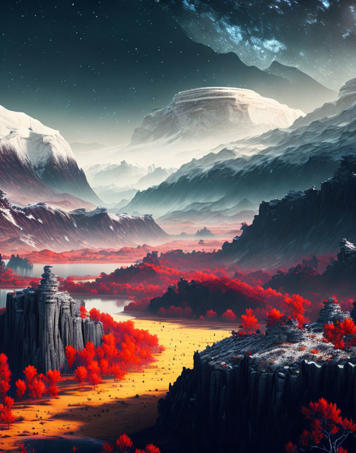 Fantastical landscape with red foliage, mountains, serene lake, starry sky.