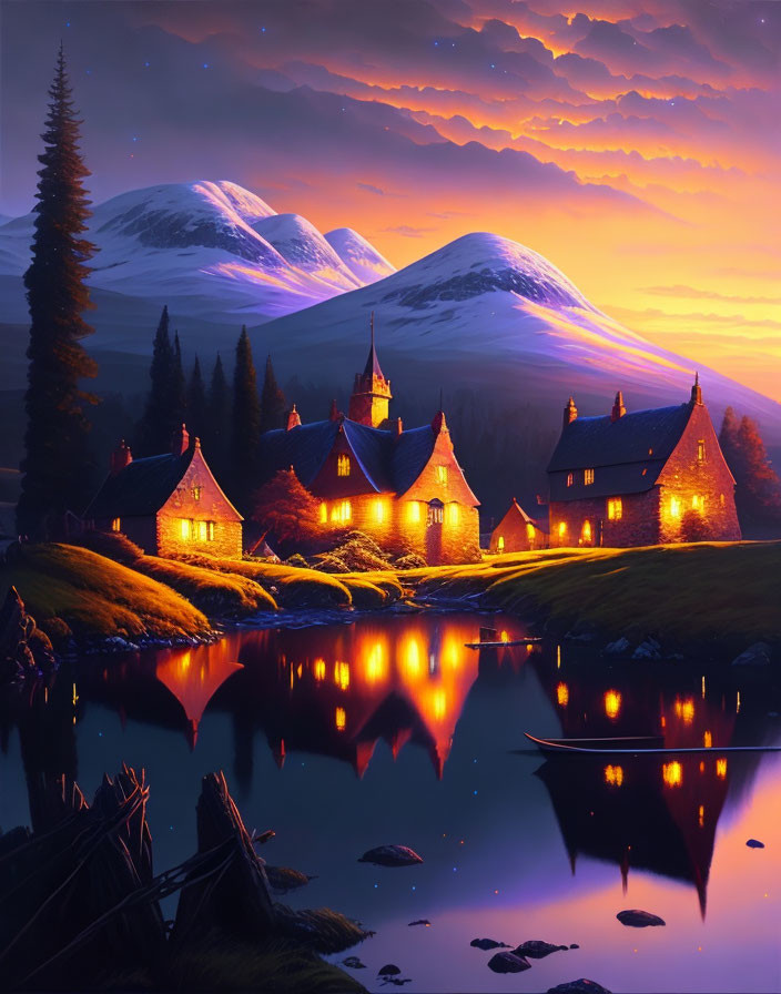 Scenic village with illuminated houses by tranquil lake at sunset