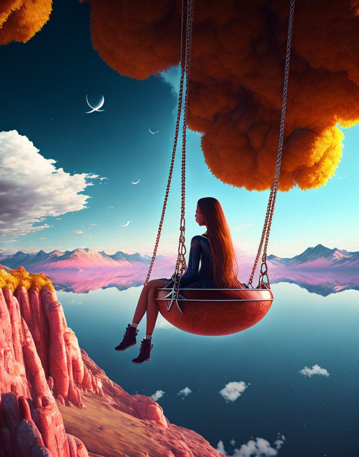 Woman on swing under orange tree in surreal landscape