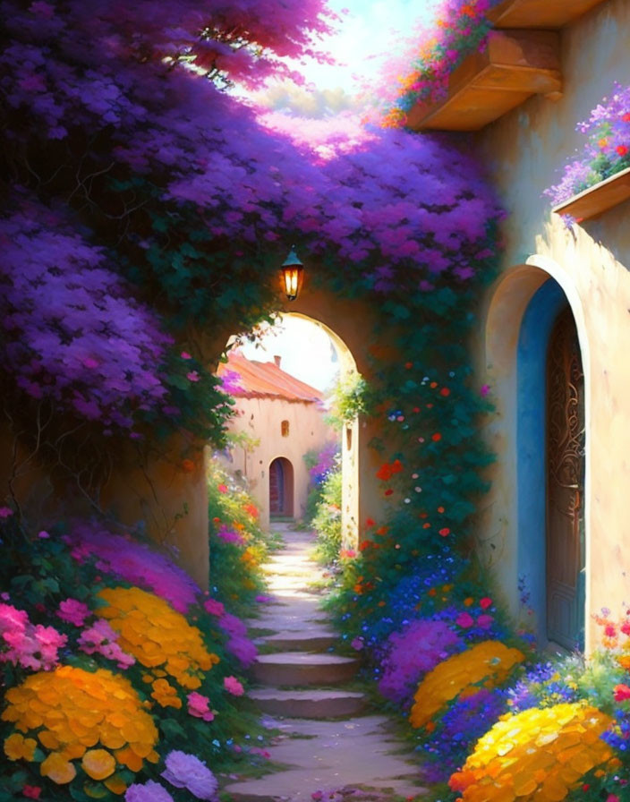 Colorful painting of cobblestone path, flowers, foliage, arched doorway, sunlight glow