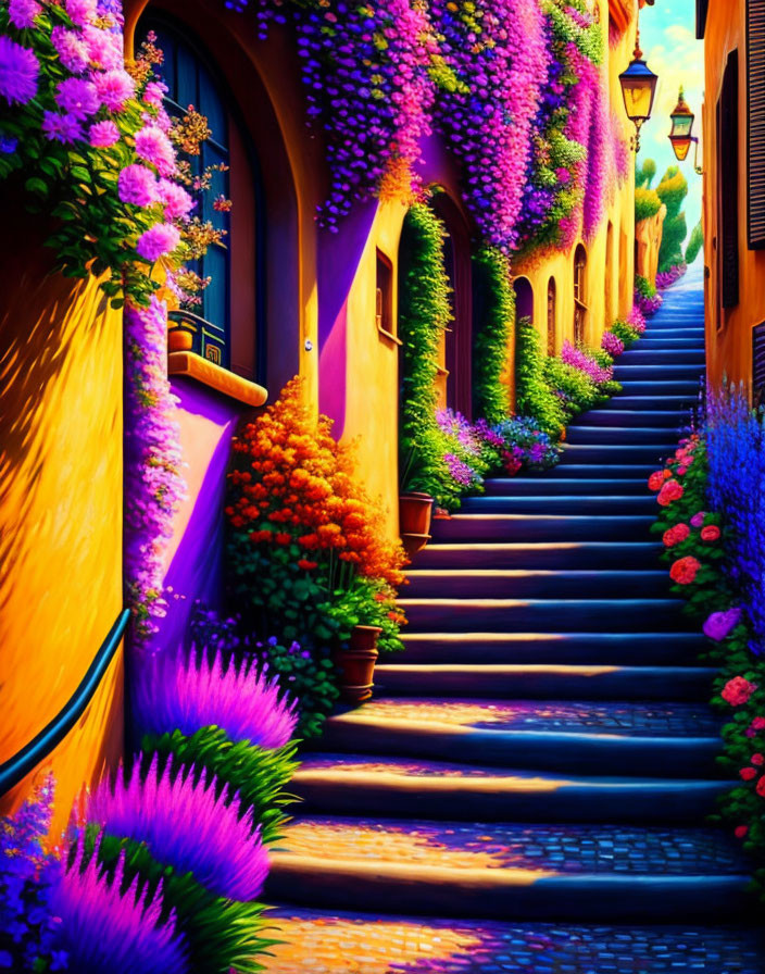 Colorful Alley with Blooming Flowers and Warm Street Lights