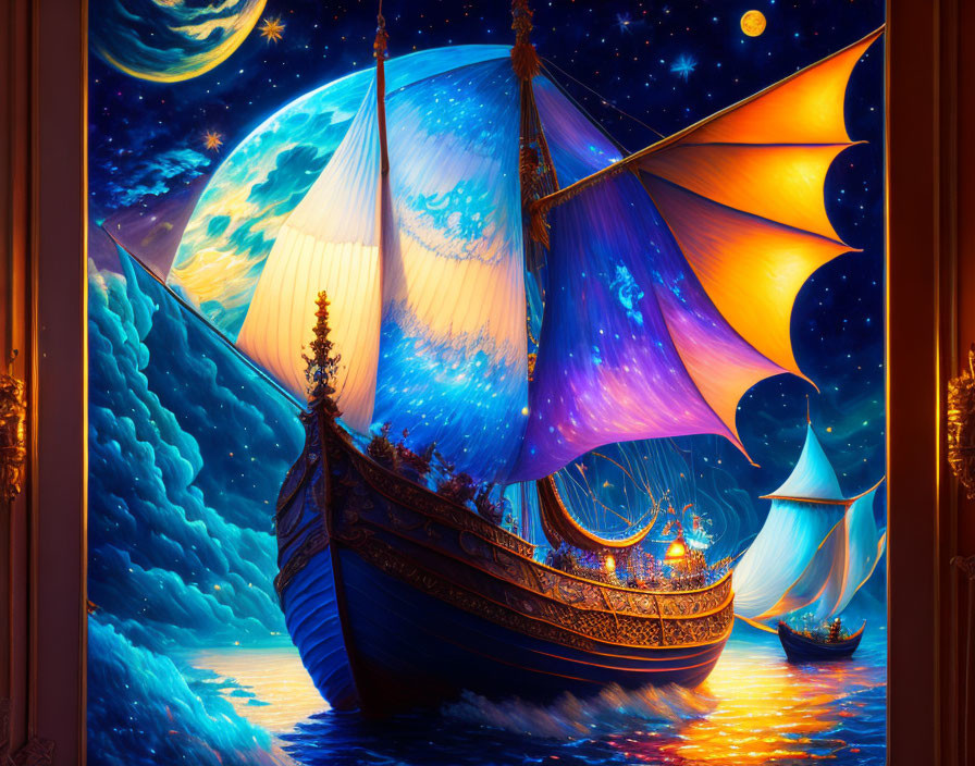 Fantastical art: Ships sailing under starry sky with moon and planets, framed by ornate