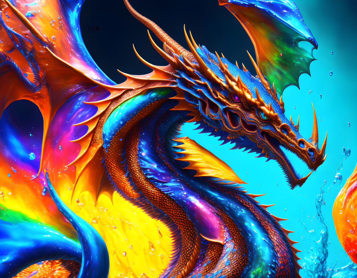 Colorful Dragon Artwork with Iridescent Scales and Fiery Wings