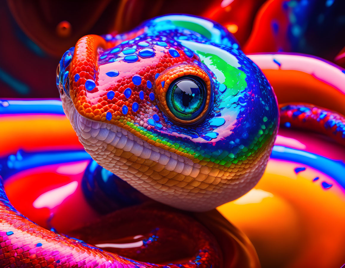 Colorful digital artwork of a snake in vibrant swirls showcasing textured scales and glossy eye.