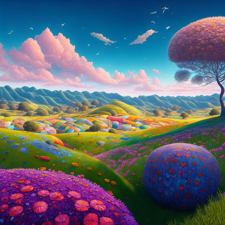 Vibrant, colorful landscape with rolling hills and pink clouds