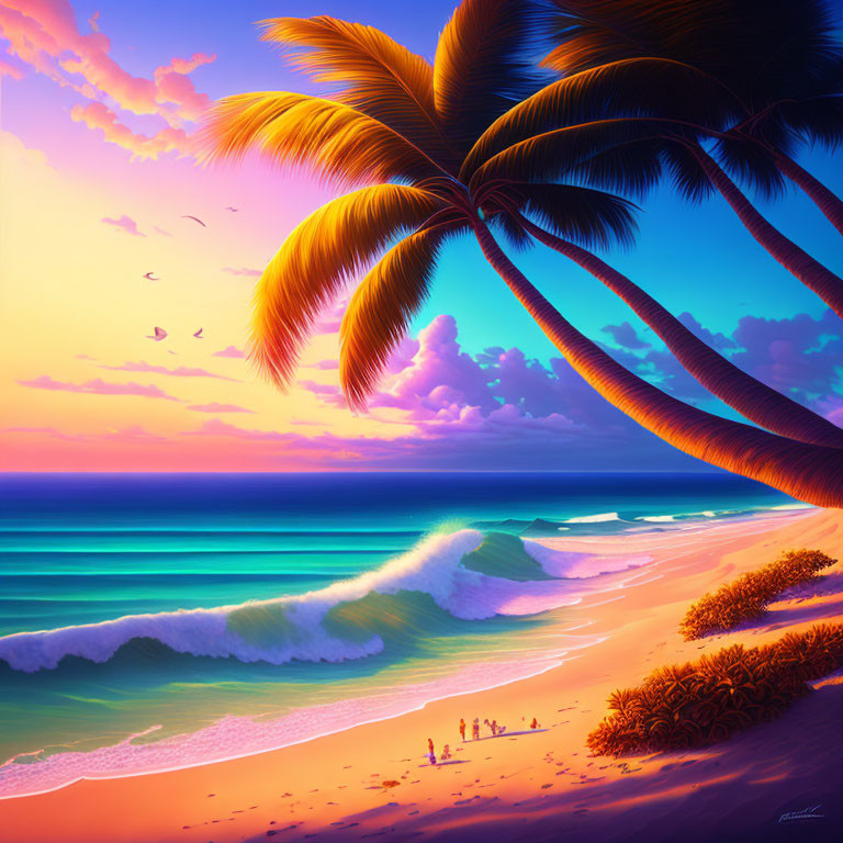 Tropical beach sunset with palm trees, waves, colorful sky, birds, and people