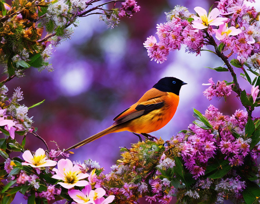 Colorful Bird Perched Among Purple and Pink Flowers