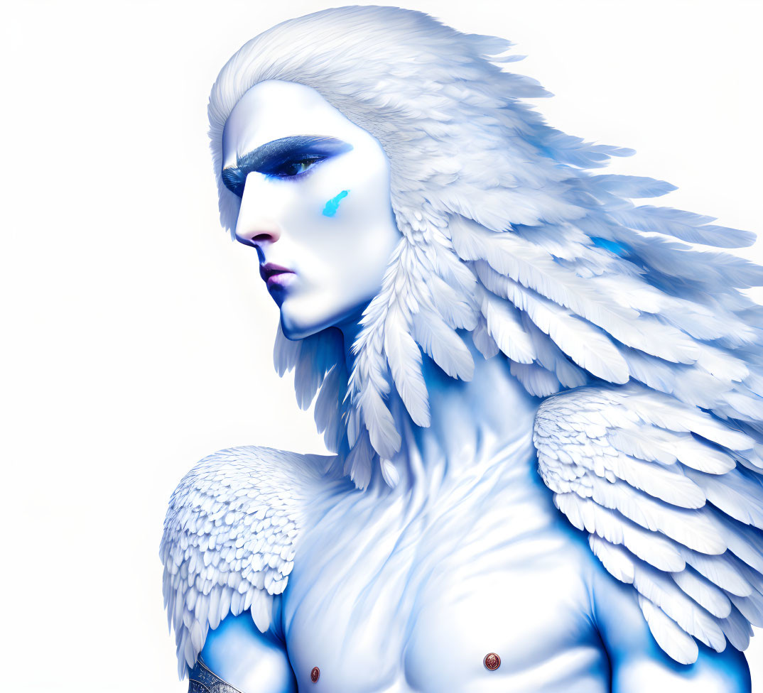 Figure with White Feathered Wings as Hair and Shoulder Wings: Blue Facial Markings and Muscular Tor