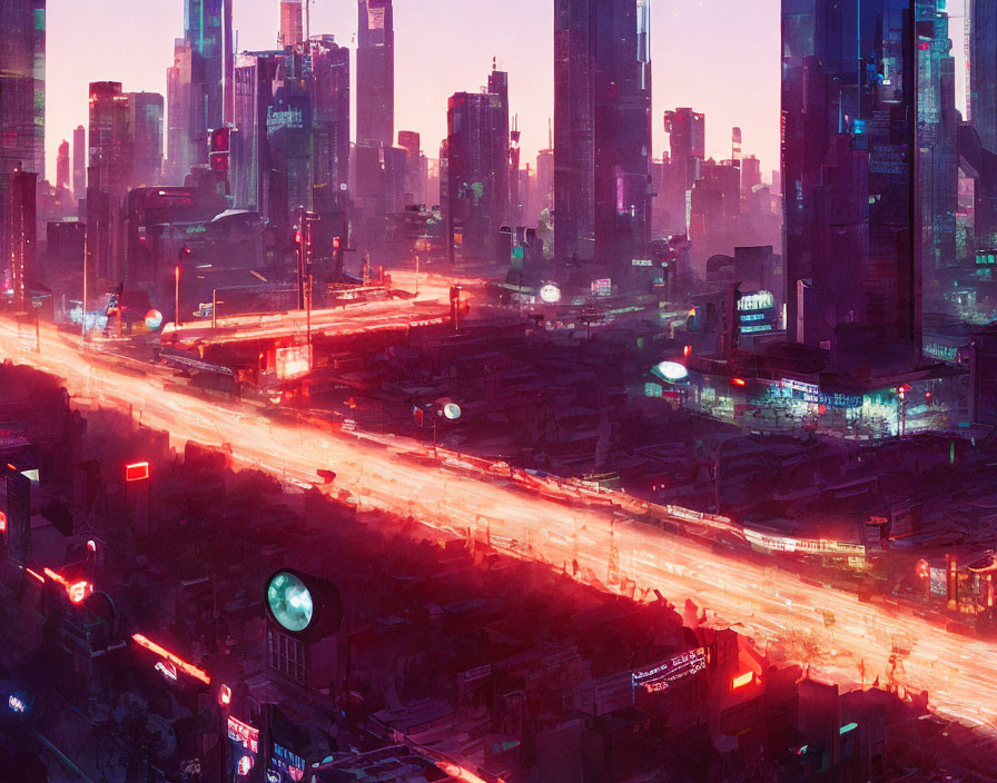 Futuristic cityscape at dusk with neon lights and traffic streaks