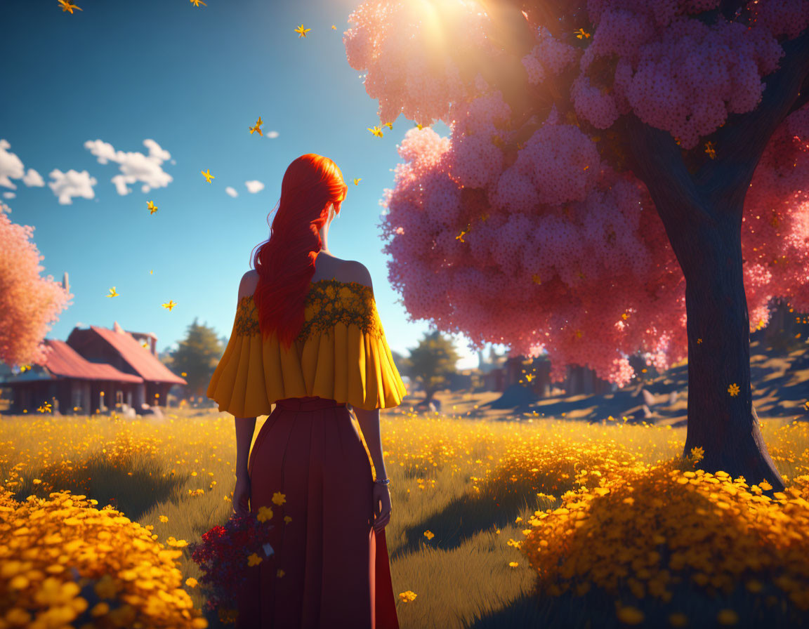 Red-haired woman in sunny field with yellow flowers, pink blossomed tree.