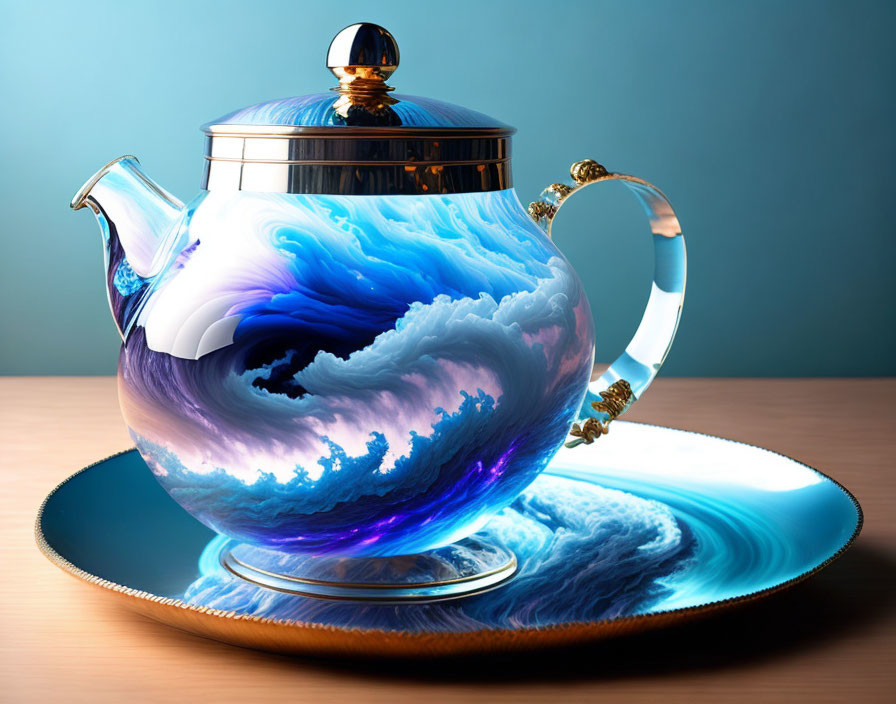 Surreal teapot with ocean wave design on saucer against gradient backdrop