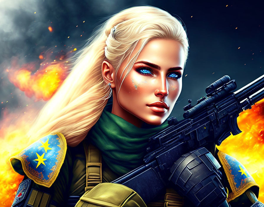 Blonde Female Character in Military Gear with Rifle and Explosions