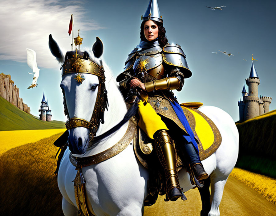 Knight on white horse with castle under blue sky and birds