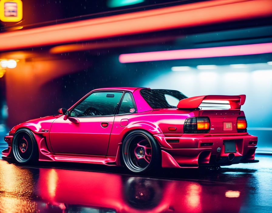 Bright red sports car with rear spoiler under neon lights