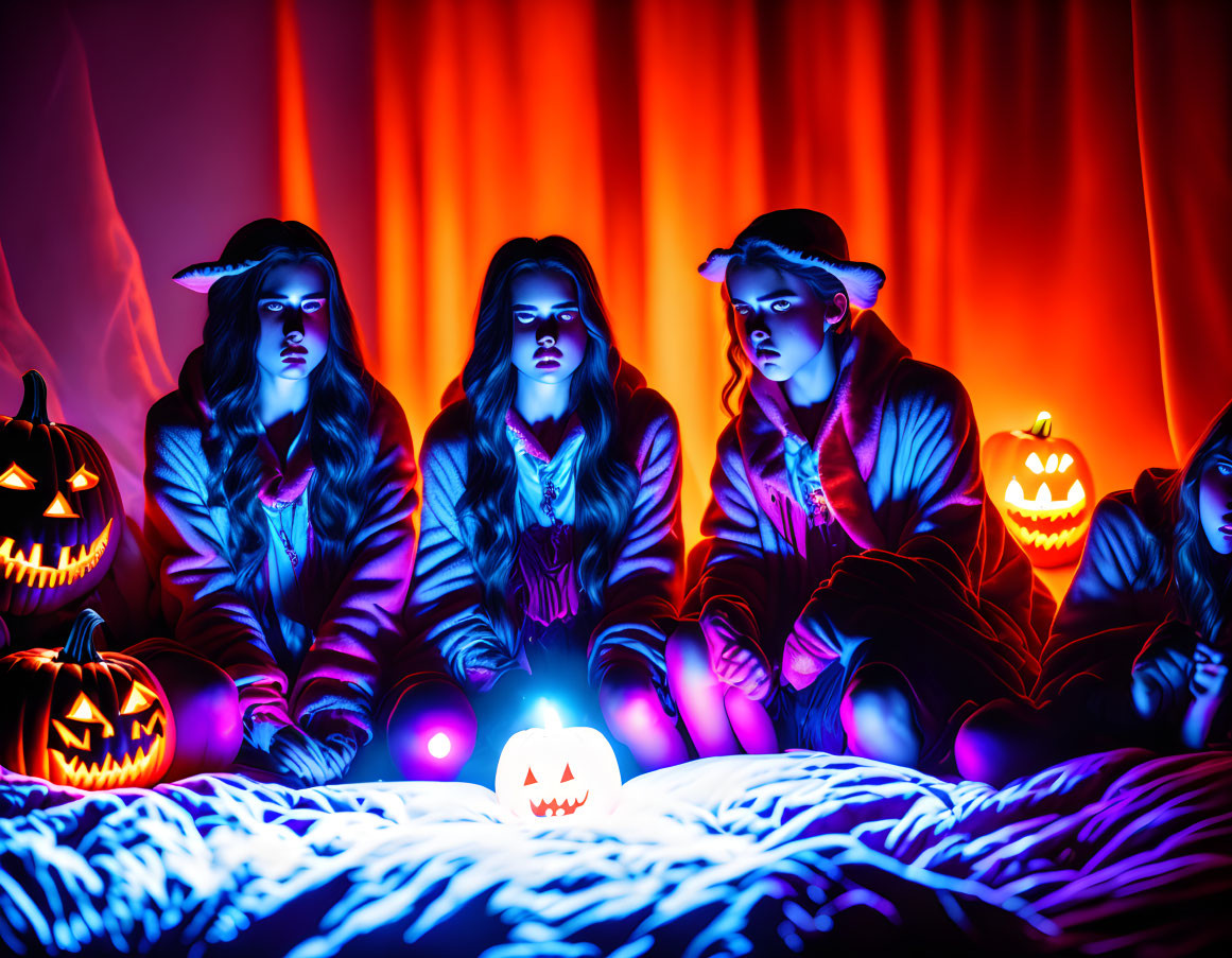 Four individuals with glowing eyes in dark room with Jack-o'-lanterns