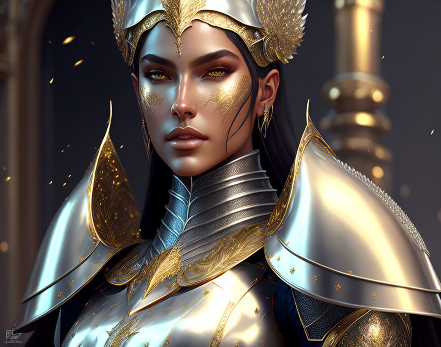 Female warrior in golden armor with intricate details and facial tattoos exudes strength and elegance