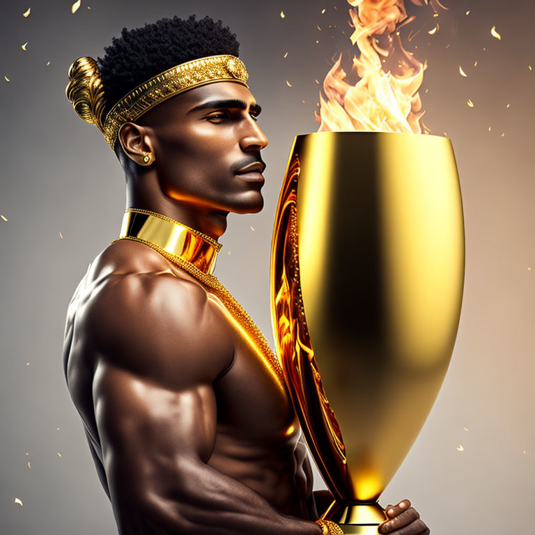 Muscular man with regal headband holding flaming trophy against golden backdrop