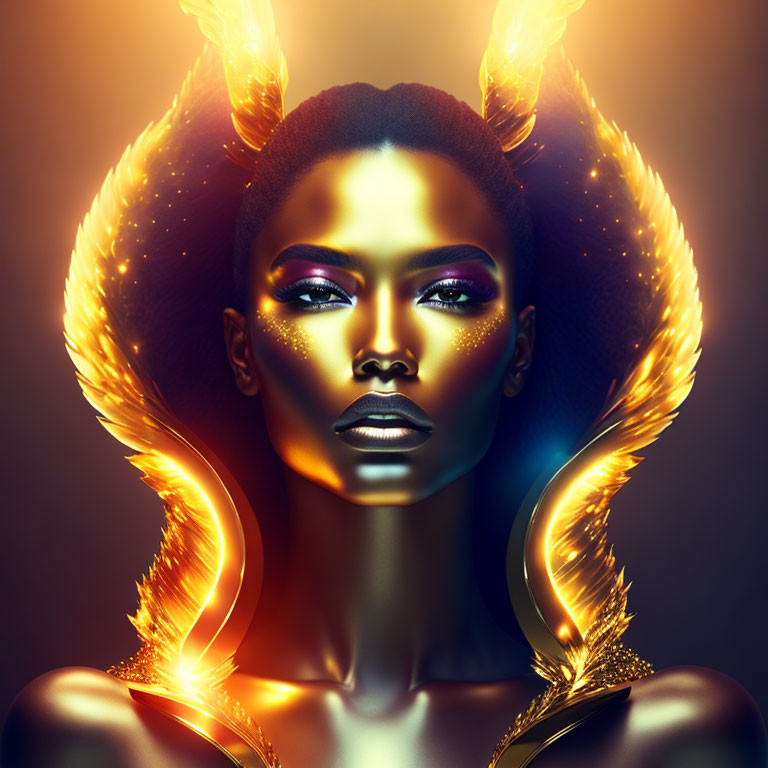 Digital Artwork: Woman with Glowing Fiery Wings on Dark Background