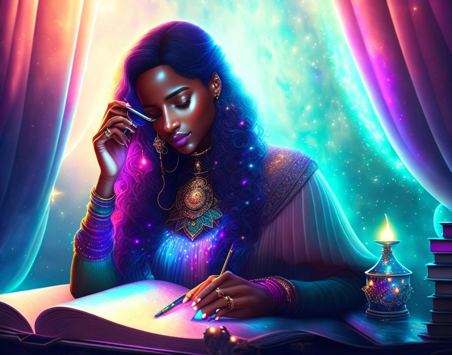 Purple-haired woman writing in a book under ethereal lights with lamp and stacked tomes.