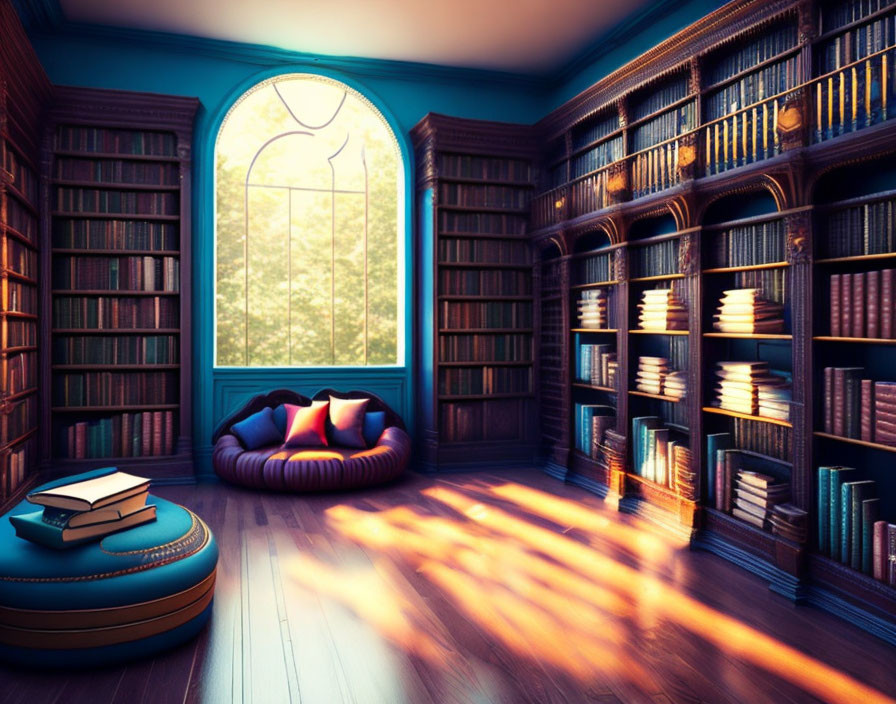 Inviting library room with bookshelves, window, sunlight, bean bag, books