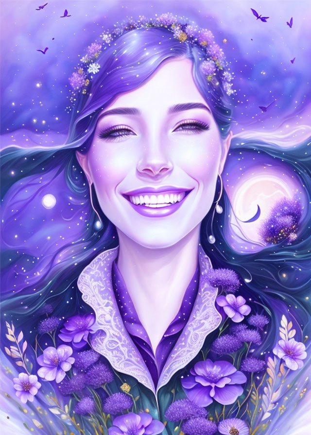 Colorful woman with floral and butterfly motifs in galaxy background.