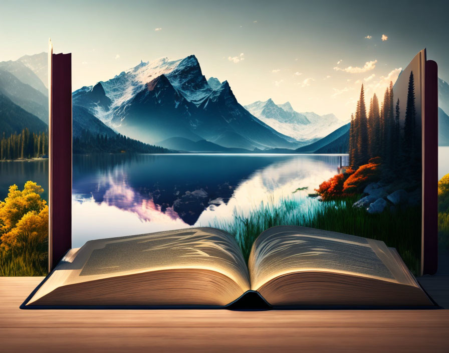 Open book displaying mountain landscape scene