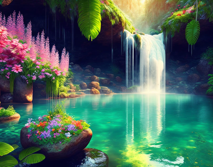 Tranquil waterfall amidst lush foliage and vibrant flowers