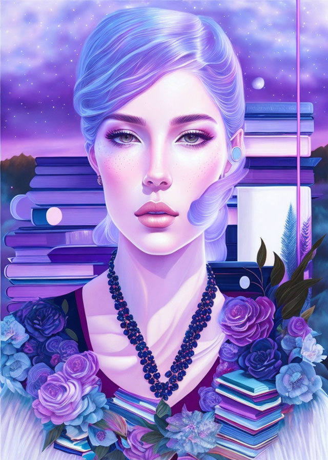 Illustration: Woman with Lavender Hair, Dark Bead Necklace, Books, Flowers, Starry