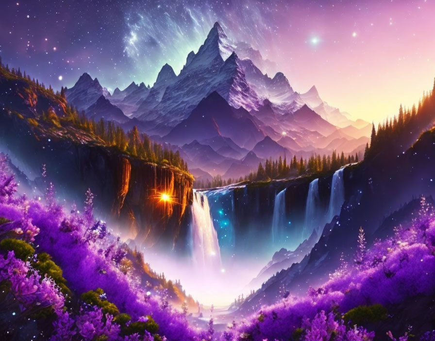 Fantasy landscape with purple foliage, mountains, waterfalls at night