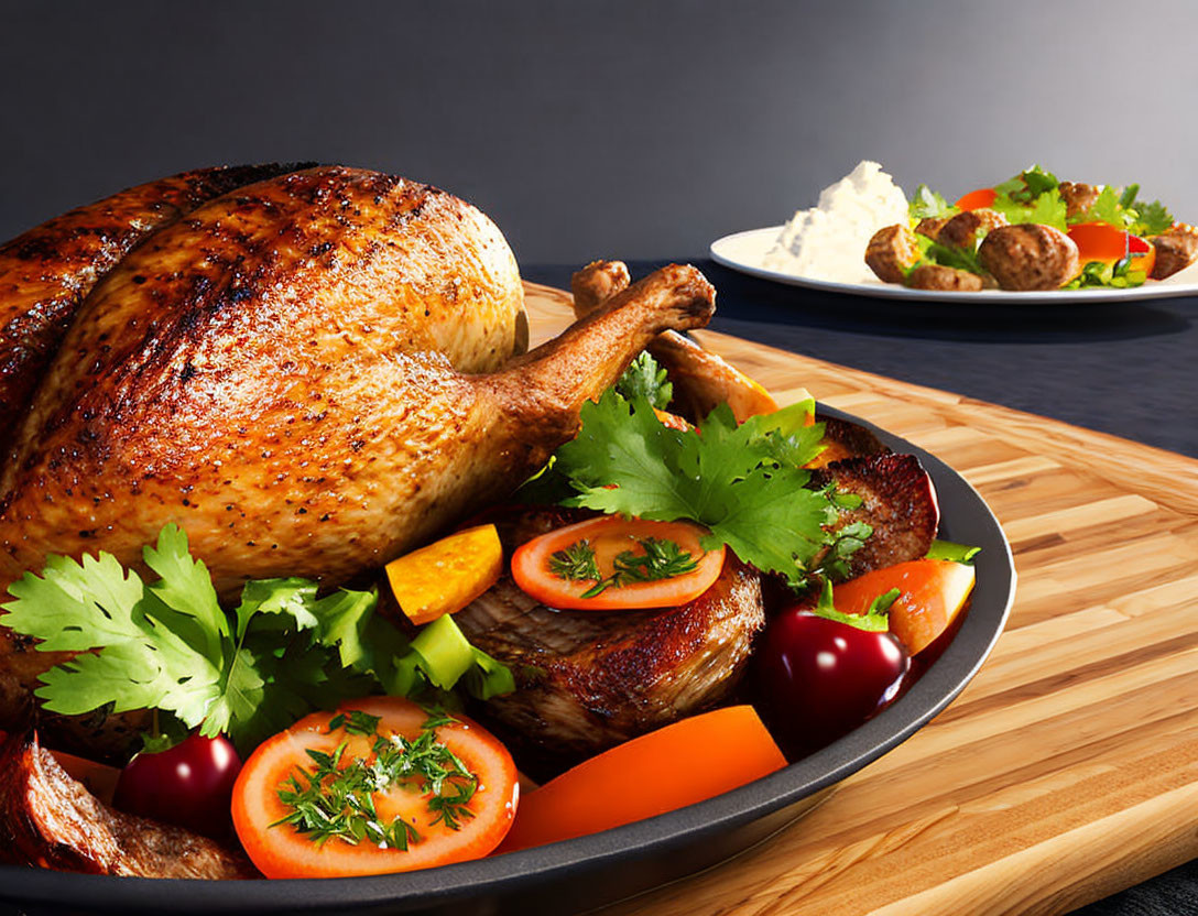 Roasted Turkey Platter with Meatballs and Sauce on Dark Background