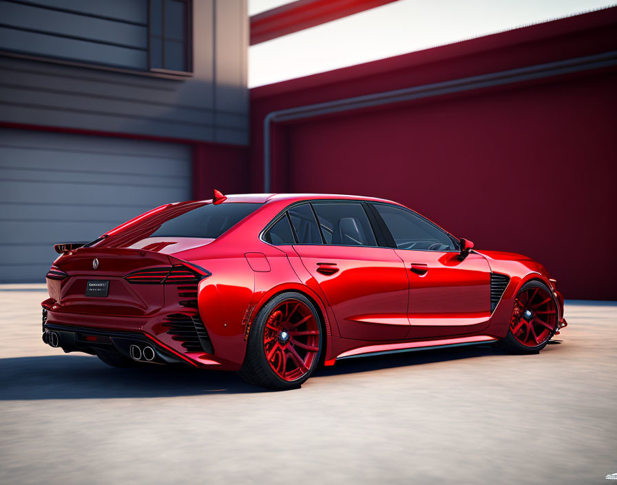 Red Sports Sedan in Modern Garage with Black Accents & Alloy Wheels