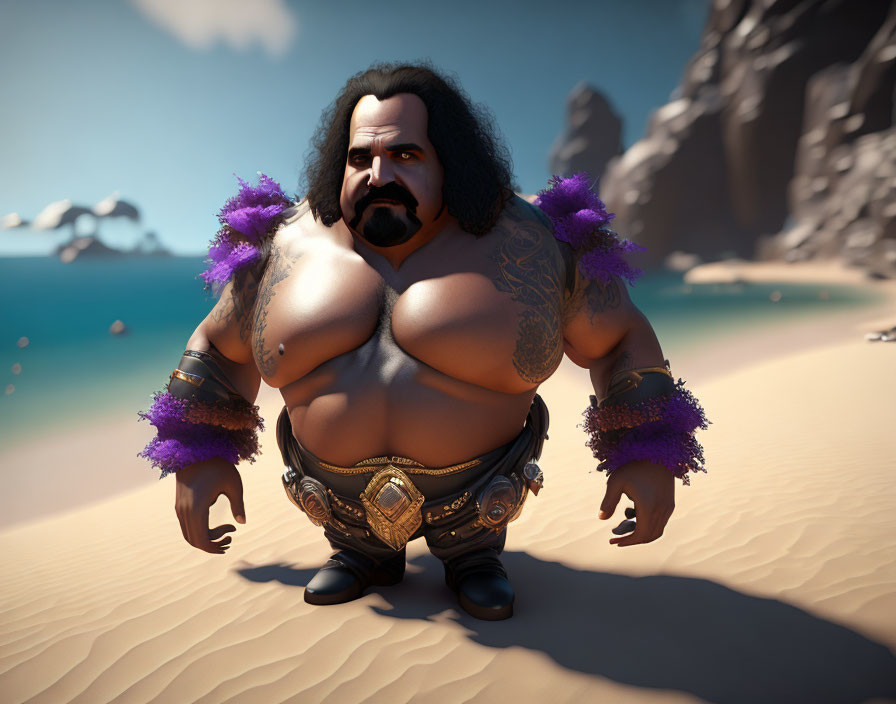 Bulky wrestler 3D character with long hair and mustache on sandy beach