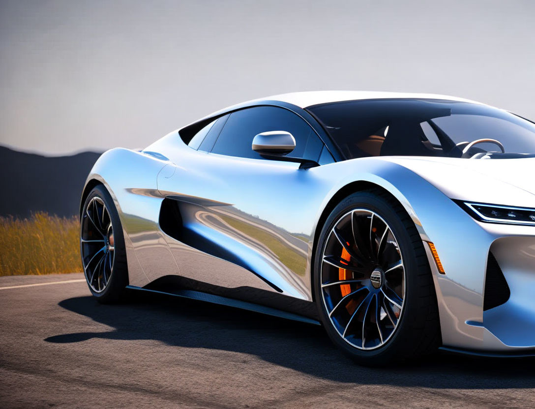 Blue Sports Car with Black Rims and Aerodynamic Design on Asphalt Road