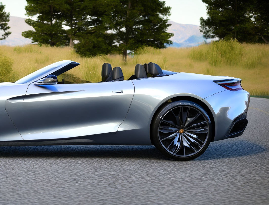 Silver Convertible Sports Car Parked on Road with Grass and Trees Background